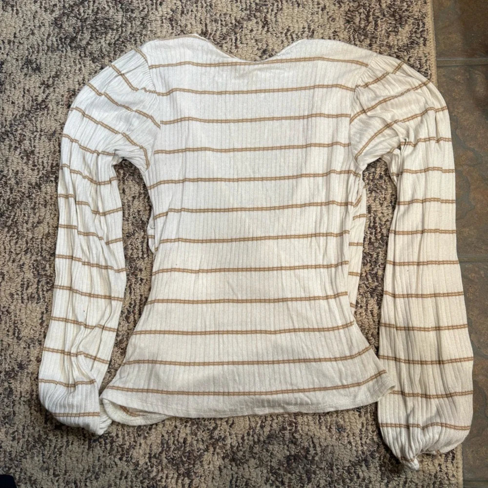 Willow & Root Striped Faux Wrap Top - Cream and Brown